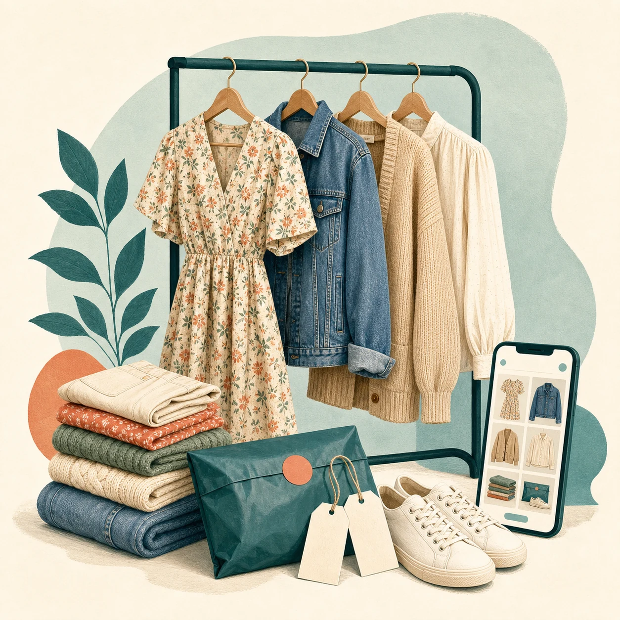 Robe, veste en jean, maille, chaussures et colis de vêtements d’occasion